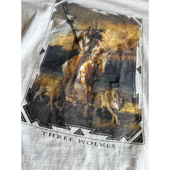 VTG Three Wolves Hermon Adams Artwork USA Made Single Stitched L White T-shirt - Picture 3 of 6